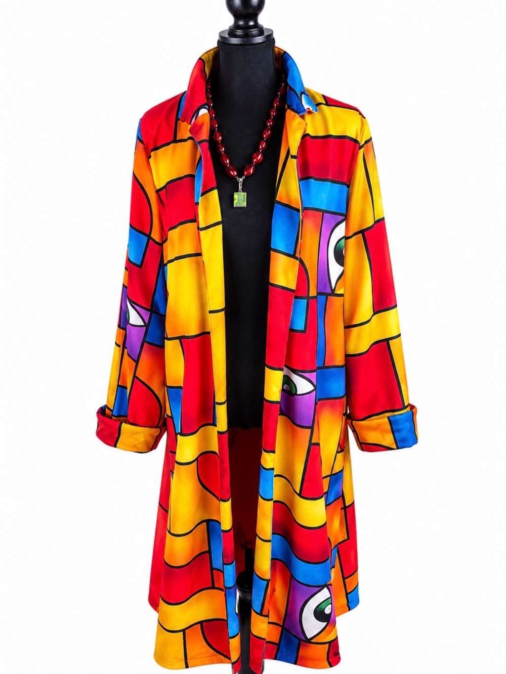 Modigliani-Esque Vibrant Stained-Glass Print Duster Coat in Red, Yellow, & Blue